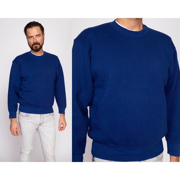 90s Dark Blue Crewneck Sweatshirt - Men's Medium | Vintage Unisex Plain Pullover - Picture 1 of 7